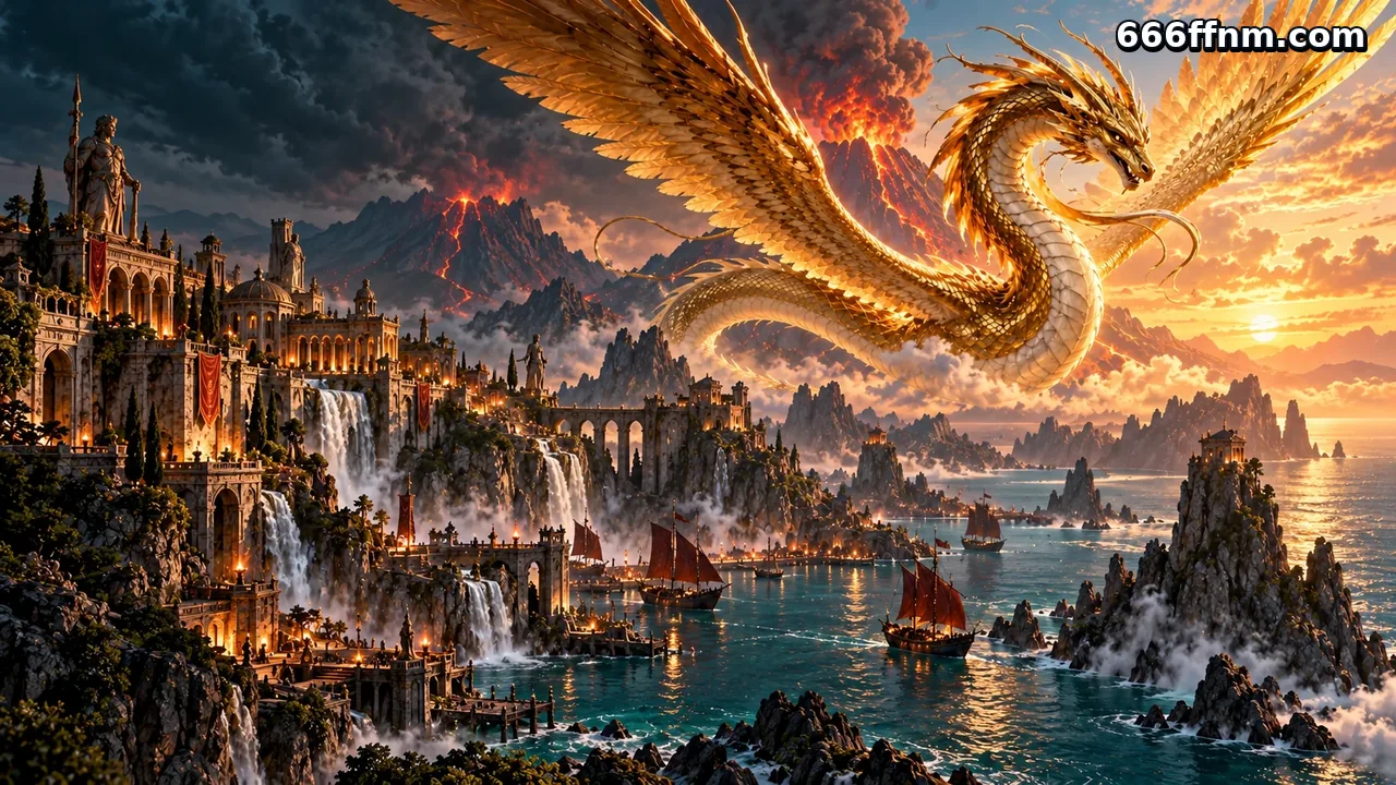 666ff — Naga emas terbang di atas pelabuhan fantasi